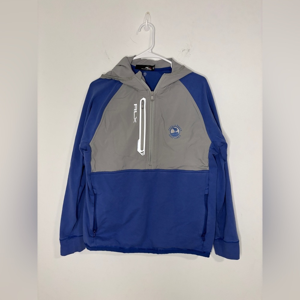 RLX Ralph Lauren Pebble Beach Hoodie Golf Pullover Blue Gray Half Zip Sz M